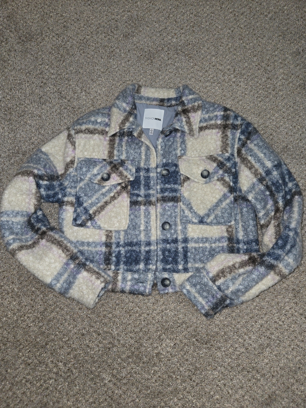 Fashion Nova Womens Blue Plaid Sherpa Jacket